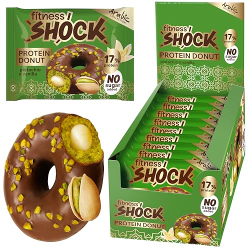 FitnesSHOCK Protein Donut Kekse-Biskuit in dunkler Schokolade mit Streuseln, 12g/17% Eiweiß ohne Zuckerzusatz ballaststoffreicher Snack mit Vanille-Füllung Palmölfrei - Pistazien Geschmack 9x70g