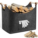 Cesta Leña Fieltro Chimeneas con Asa Extendidas Reforzada, Bolsa Almacenamiento Extra Grueso, Cestas Almacenaje Plegable Grande Gris Oscuro para Guardar Periódicos Ropa Madera Juguetes (50X32X40cm)