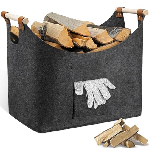 Cesta Leña Fieltro Chimeneas con Asa Extendidas Reforzada, Bolsa Almacenamiento Extra Grueso, Cestas Almacenaje Plegable Grande Gris Oscuro para Guardar Periódicos Ropa Madera Juguetes (50X32X40cm)