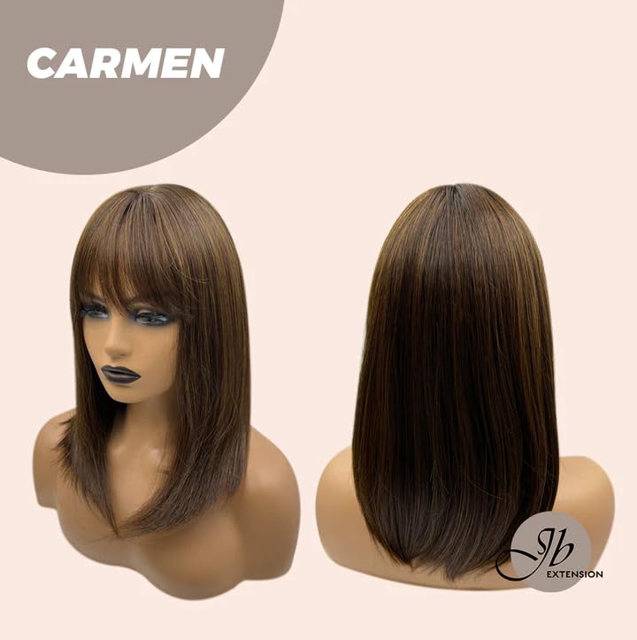 Miniatura 7 de CARMEN - Peluca de corte Bob de 15 pulgadas con flequillo, color marrón medio, longitud al hombro, pelucas sin pegamento para mujer, pelucas
