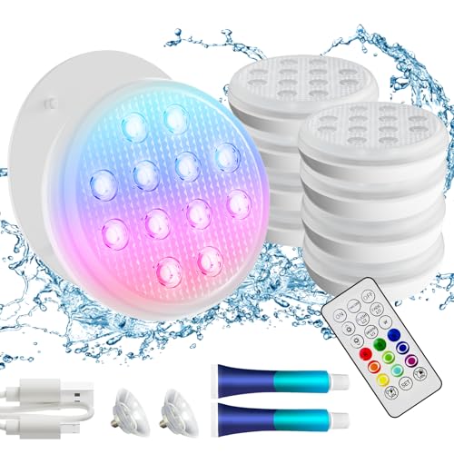 BOXPSII Luces de piscina, luces LED sumergibles recargables, luces flotantes impermeables IP68 con control remoto, 16 luces subacuáticas que cambian de color con imán, ventosas para piscina, baño,
