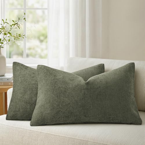 Image of a moment Pack of 2 Decorative Chenille Throw Pillow Covers with Twill Cushion Covers for Sofa Living Room Couch Bed 20x12 Inch Olive Green