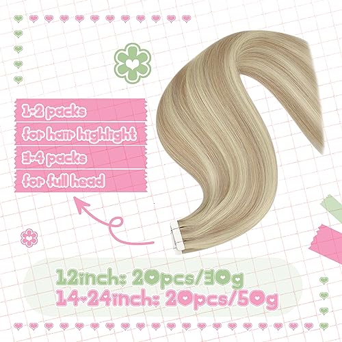 YoungSee Tape in Hair Extensions Highlight Blonde Invisible Tape Hair Extensions Real Human Hair for Short Hair Light Blonde Highlight Easy to Apply 12 Inch 20pcs 30g - Image 4