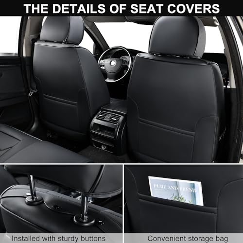 Image of TIEHESYT Leather Seat Covers Front Pair with Lumbar Support, Breathable and Waterproof Car Seat Cover, Universal Seat Covers for Cars, Trucks, SUVs, Sedans, Pickups, Airbag Compatible, Black