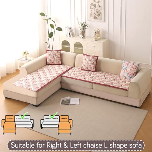 Image of HOKIPO 'Florentina Series' L Shape (2+2 Seater) Sofa Cover Seat Mat | Premium Multi-Needle Quilted Holland Velvet Sofa Mat + Foam Filling + Anti-Slip Backing, Autumn Cream (IN-879+880-V3)