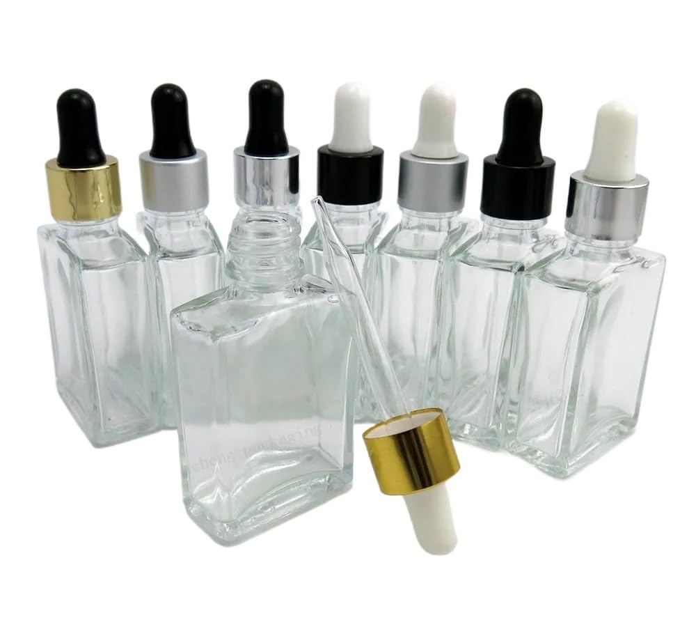 30 szt. 30 ml przezroczystych, kwadratowych szklanych butelek z zakraplaczem z nakrętkami. Puste pojemniki do dozowania cieczy(Shining Silver white)