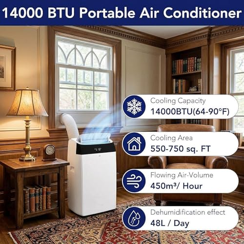 Image of 14,000 BTU Portable Air Conditioner Cools 750 Sq.Ft, Large Room AC Unit with Remote Control & LED Display, 3-in-1 Portable AC with Dehumidifier & Fan Modes, 3 Speeds Auto Swing, 24H Timer