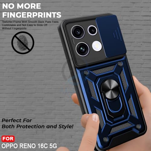 Image of AESTMO Tough Armor Oppo Reno 16C 5G Bumper Back Case Cover | Ring Holder & Sliding Camera Shield Cover | 360 Degree Protection Back Case Cover for Oppo Reno 16C 5G (Blue)
