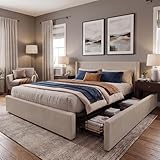 Garvee Bed Frame King Size with 4 Storage Drawer, Bed Frame with Headboard and Corduroy Vertical Channel Tufted Wingback, Sturdy Wooden Slats Support, Noise Free, Beige