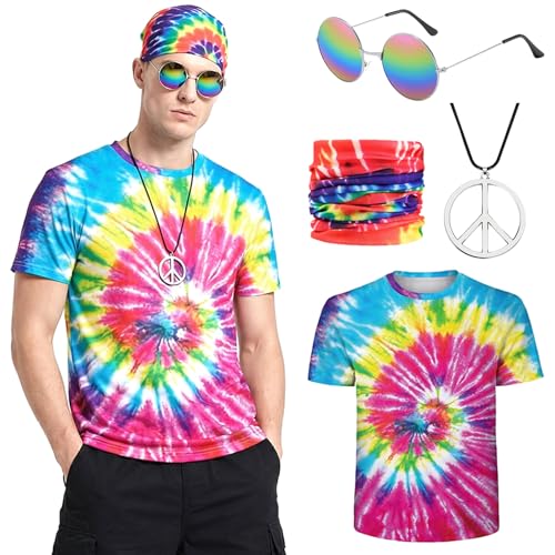 MLPKOI 4 Piezas Disfraz Hippie Hombre, Disfraz Hippie de Los Años 60 y 70 con Camiseta Collar Gafas de Sol Diadema Disfraz Hombre Gracioso para 60 y 70 Tema Fiesta Carnaval Halloween