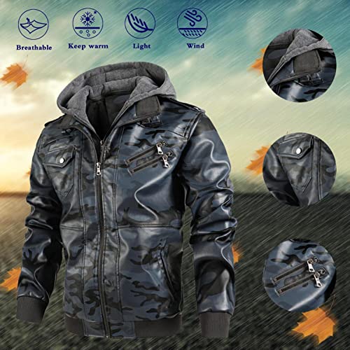 Chaqueta motero gris de cuello alto para hombre con sudadera y capucha cálida 4