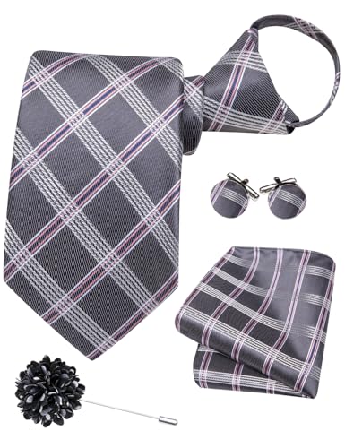Image of Hi-Tie Zipper Ties for Men Pre-tied Tie Set Lapel Pin Pocket Square and Cufflinks Formal Business Wedding Adjustable Necktie