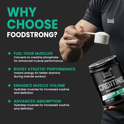 Image of Foodstrong Micronised Creatine Monohydrate Powder, 3g Creatine Per Serving, Unflavoured, Supports Muscle Growth & Athletic Performance - 180g (60 Servings)