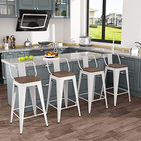 Tongli Metal Bar Stools Set of 4 Barstools Bar Height Bar Stools with Back Industrial Bar Stool Indoor Counter Stool Kitchen Island Stools Modern Bar Chair with Wood Top 30 inch White Cream Cover