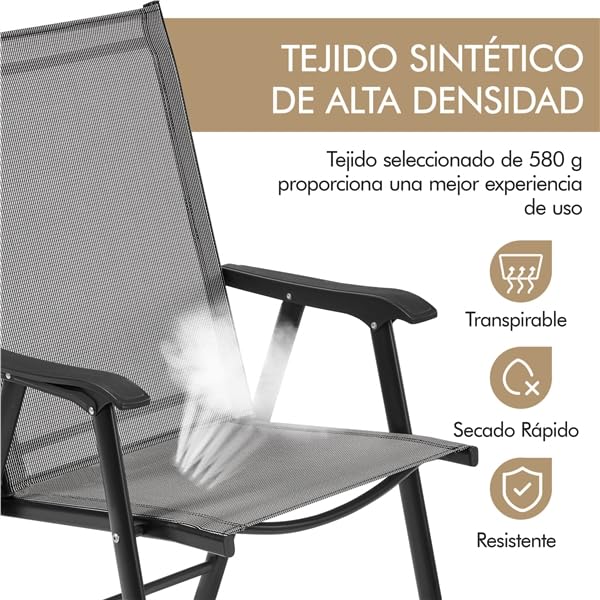 Yaheetech Juego de 2 Sillas Plegables para Exterior Capacidad 150kg Gris | con Reposabrazos,Poliéster Resistente,Marco Metálico, Asiento Amplio 45,5x43cm, para Terraza/Balcón/Camping/Comedor/Exterior