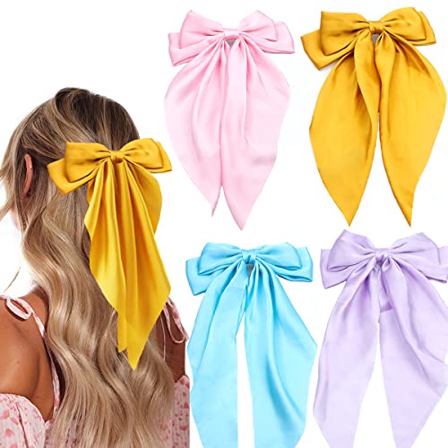 4 Pieces Silky Satin Hair Bows Ribbon Hair Barrettes Clip Large Bow Hair Slides Metal Clips French Barrette Long Tail Hair Accessories Soft Hairpin For Women Girls (Yellow, Pink, Blue, Purple) #TOP7