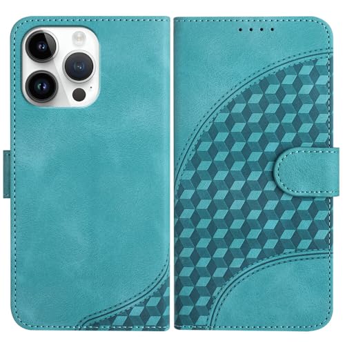 Étui iPhone 14 Pro cuir bleu ciel avec rabat de protection et motif central