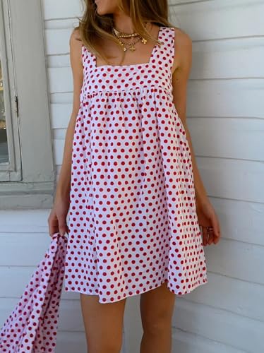 Image of Women Floral Tie Shoulder Mini Dress Cute Square Neck Loose Fit Beach Short Dress Backless Boho Vocation Sundress