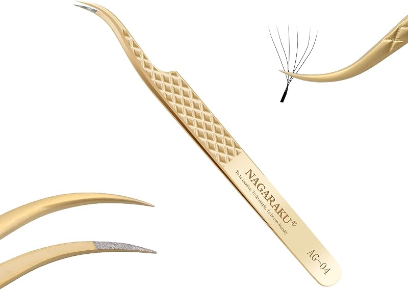 Pinça para extensão de cílios NAGARAKU AG-04 com ponta curva e ponta de fibra, aço inoxidável dourado, com estojo
