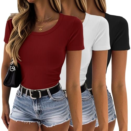 Women's Short Sleeve Shirts Pack Crewneck Ribbed Knit Tshirts Slim Fit Casual Summer Basic Tops S-XXL