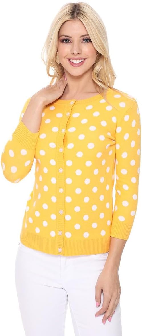 YEMAK Women's Polka Dot Cute Jacquard Crewneck Button Down Sweater Cardigan