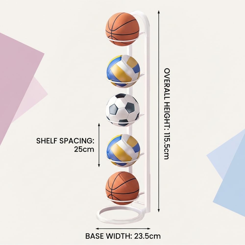 Basketball Storage Rack, 5 Levels, Ball Storage Shelf, Ball Stand, Removable Ball Holder, Basketball, Removable Standing Rack Holder, Ball Storage Outdoor for Football Basketballs (White)