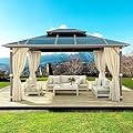 Aoxun 10'x13' Hardtop Gazebo, Outdoor Polycarbonate Double Roof Gazebo with Aluminum Frame Permanent Pavilion and Curtains & Netting for Backyard, Patio, Deck, Parties (Brown)