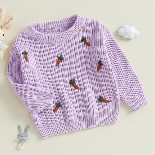 Owl's-Yard Little Girls Easter Knit Sweater Long Sleeve Crew Neck Carrot Embroidery Pullover Knitwear2