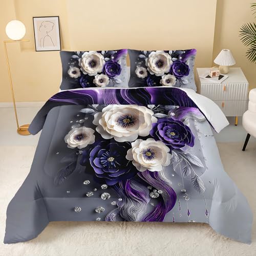 Image of QOOMO Purple Flowers Kids Bedding Set,Cartoon Plants Comforter Set Queen Size for Boys Girls Teen Room Decorat,Soft Lightweight Bed Set All Season,1 Comforter 2 Pillowcases