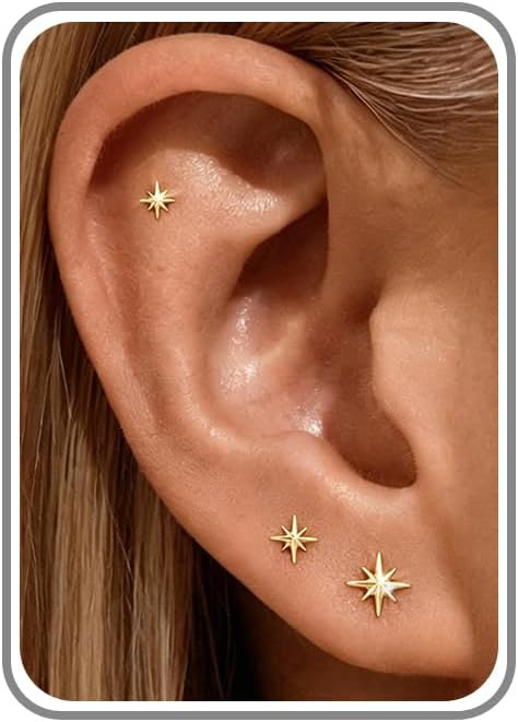6PCS Flat Back Earrings for Women-Hypoallergenic 14K Gold/Silver Plated Cartilage Helix CZ Flatback Studs Jewelry Gifts