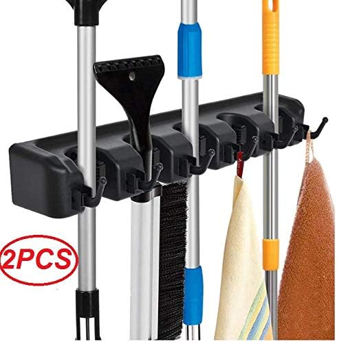 VASGOR Wall Mounted Mop and Broom Holder (2pcs) – Garden and Garage tool Storage Organizer Rack with 5 Ball Slots and 6 Hooks, Holds Up to 50 Lbs (Black)