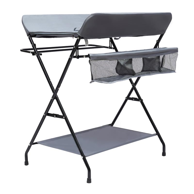 Fasciatoio Pieghevole per Bagnetto Neonati Fasciatoio Portatile Cambio Pannolini con Tasche a Rete e Scomparti Portaoggetti Fasciatoio per Bambini (80 * 57 * 96cm-Grigio)