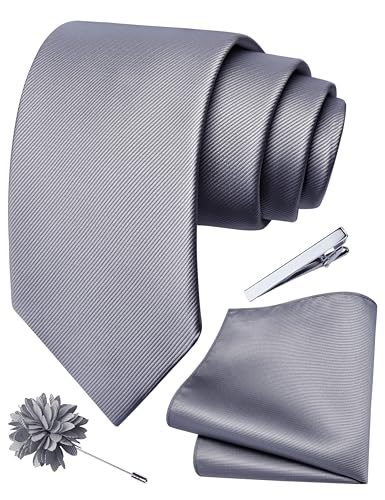 Image of Branduce 3.15 inch(8cm) Solid Formal Tie and Pocket Square Plain Necktie Lapel Pin and Tie Clip Set for Men