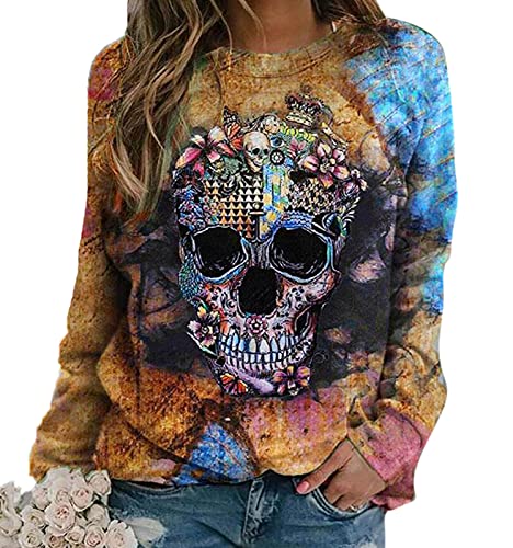 Sudadera de Manga Larga con Estampado de Calavera de Halloween para Mujer, Camiseta con Estampado gráfico de Cuello Redondo, Camisetas holgadas Informales, Jersey Cover