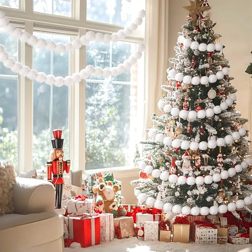 Oudain 6ft Large Christmas White Fur Pom Pom Garland Winter Decor Xmas Tree Fur Trim Winding White Garland 3.15" Hanging String Furry Snowball for Christmas Tree Decoration Indoor Home by Oudain - Image 4