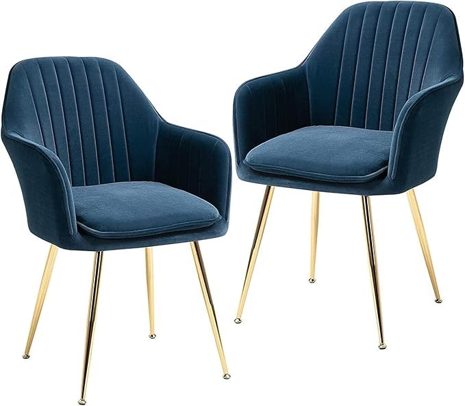 Image of Blue Velvet Chair for Home | Modern Accent Armchair in Soft Velvet Fabric with Golden Legs | Set of 2 Premium Accent Chair for Living Room Bedroom Restaurent | Blue, 2 pc