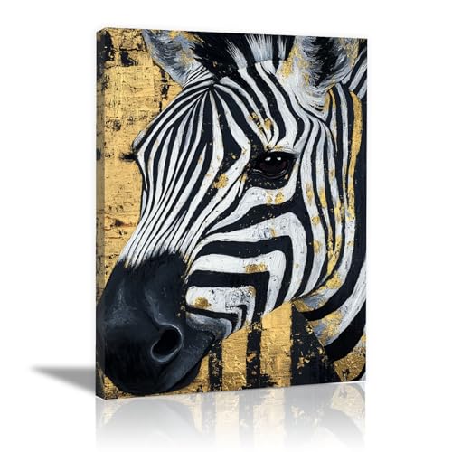Toile motif animal zèbre doré CUDAOO 70x100cm, décoration murale noir et blanc encadrée