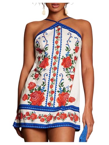 MakeMeChic Women's Hawaiian Dresses Halter Tropical Beach Luau Outfits