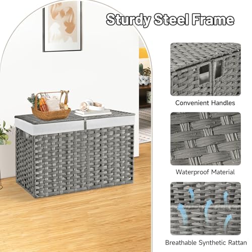 240L Wicker Storage Basket with Lid, Handwoven Rattan Large Shelf Basket with Removable Liner, 63.5 Gallon Wicker Basket for Blanket, Storage Trunk with Handle for Closet, Bedroom, Livingroom, Grey by Hiagnete - Used condition - Image 6