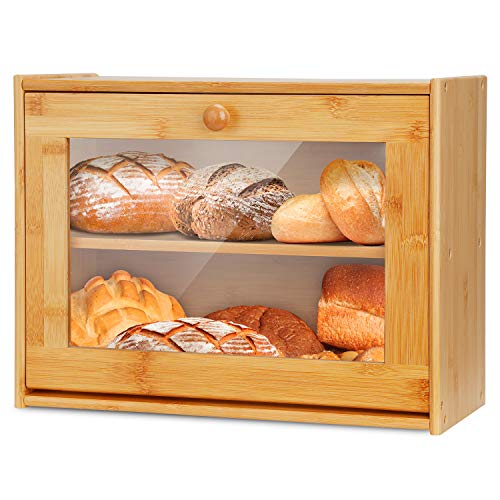 Double Layer Bamboo Bread Box with Clear Window,...