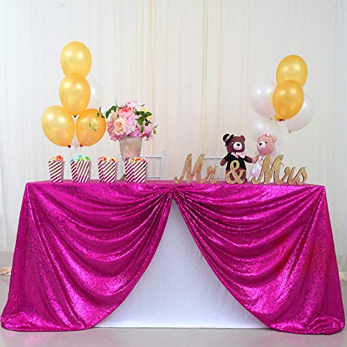 Image of Rectangle Sequin Tablecloth Party Fuchsia Small Table Cloths Centerpieces | 50x80 inches Hot Pink Shiny Fabric for Bling Wedding Party Banquet Outdoor Home Table