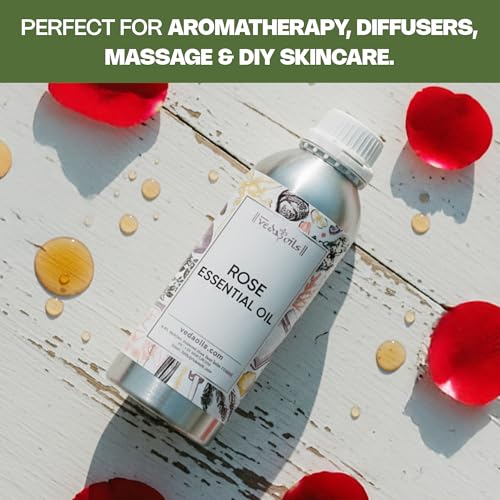Image of VedaOils Rose Essential Oil 100ml | 100% Pure, Natural & Undiluted Aroma Oil | Rose Oil for Face, Skin, Hair Growth, Diffuser, Candles, Soap Making & Home Fragrance