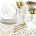 Weißgold Partygeschirr Set,193PCS Weiß und Gold Dot Partyteller Set mit Teller, Becher, Messer, Gabeln, Strohhalme, Servietten und Tischdecke zum Geburtstag,Hochzeiten,Jubiläums(24 Gäste)