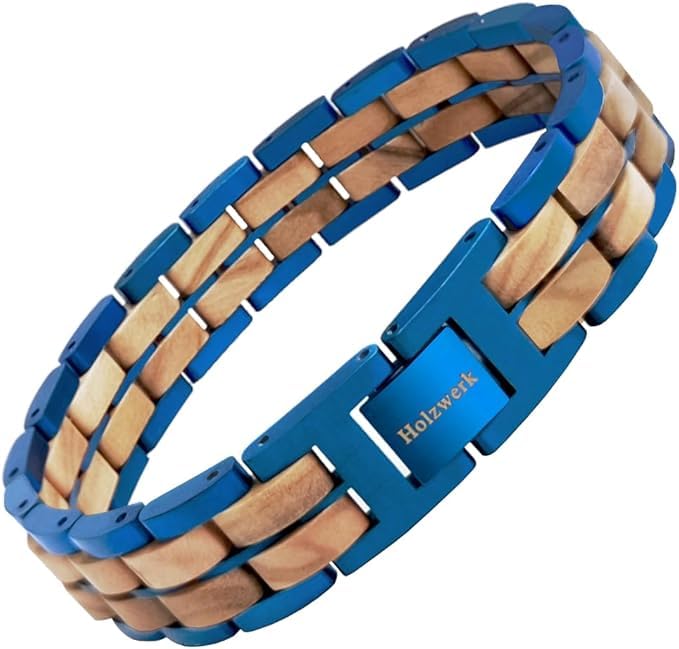 Holzwerk OBERSEE Natur Holz Armband für Damen und Herren Holzarmband Herrenarmband Damenarmband Braun Blau Einstellbar inkl. Armbandkürzer und Aufbewahrungsbox