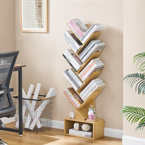 Image of Hoctieon 9 Tier Tree Bookshelf, Tall Bookcase with Drawer, Wood Book Shelf, Modern Floor Standing Bookshelves, Book Organizer Shelves for Bedroom, Living Room, Home Office, Yellow