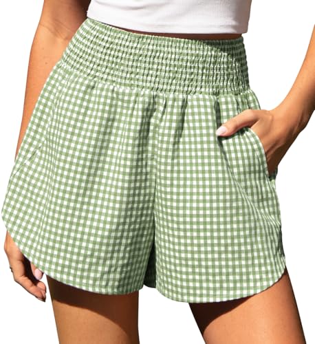 Tarse Womens Gingham Lounge Shorts High Waisted Summer Pajama Beach Casual Loose Fit Summer Shorts With Pockets(Greenwhiteplaid,M)