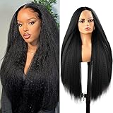 Kinky Straight Wig Long Black Wig Afro Wigs For Black Women 32 Inch Long Natural Hair Wig Yaki Straight Hair Wig Synthetic Middle Part Wigs Kinky Afro Wigs (32 Inch, 1B)