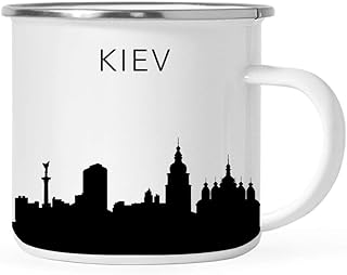Andaz Press 11oz. Tourist Travel Souvenir Stainless Steel Campfire Coffee Mug Gift, Kiev Skyline, 1-Pack, Enamel Camping Cup Christmas Birthday Study Abroad Graduation, Includes Gift Box