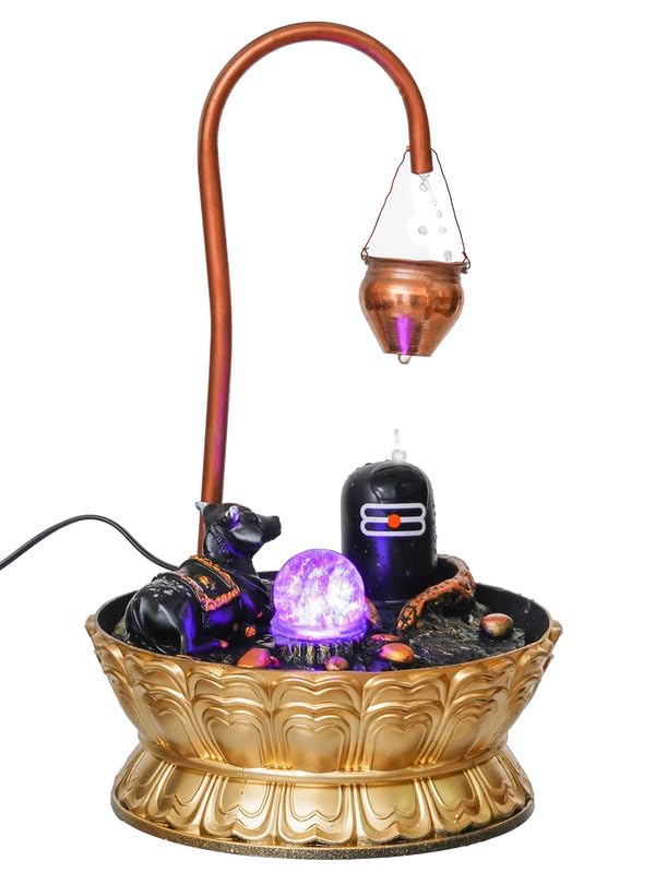 Image of Copper Metal Shivling with Nandi Tabletop Indoor Water Fountain with Crystal Ball and LED Light for Home Decor (28 x 28 x 46 CM : Color - Copper | Weight - 1380)