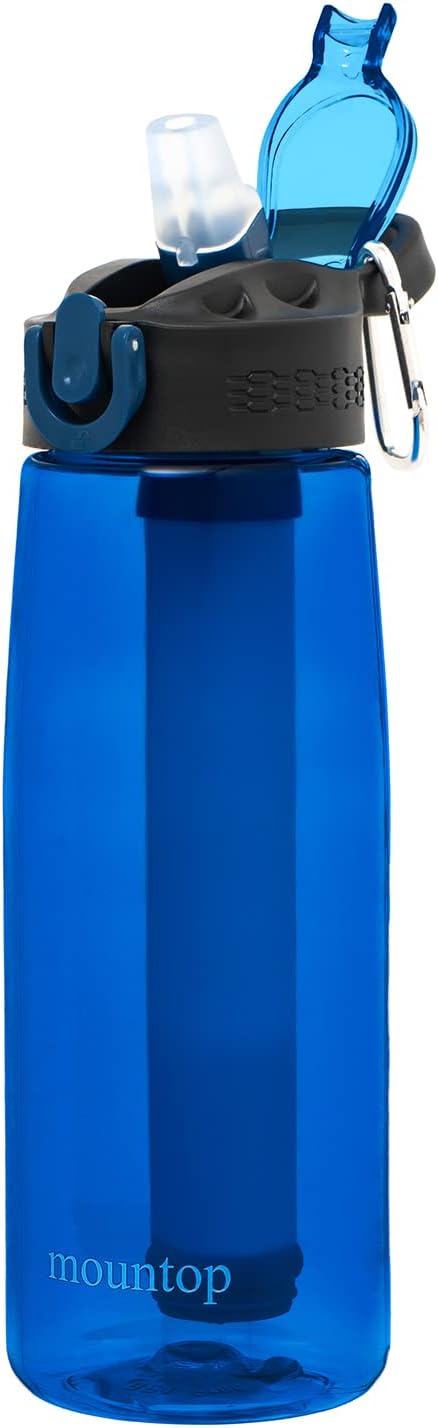 Portable Water Filter Bottle - Emergency Water Filtered Bottle with 2-Stage Integrated Filter Straw for Hiking Backpacking and Travel BPA Free 22oz, Blue